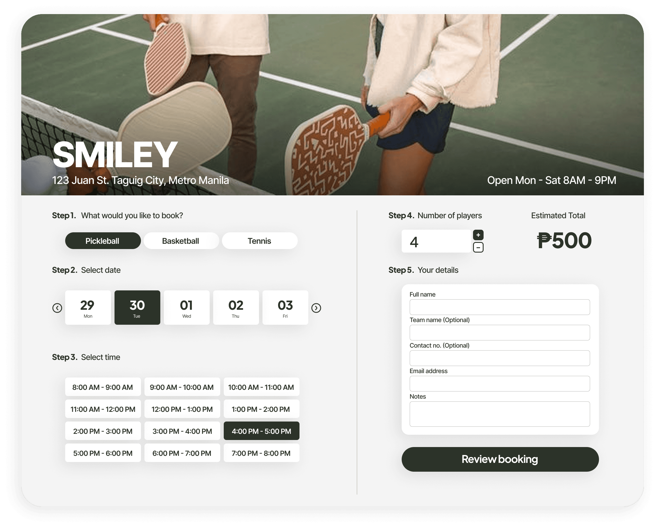 Bookins public booking page on desktop